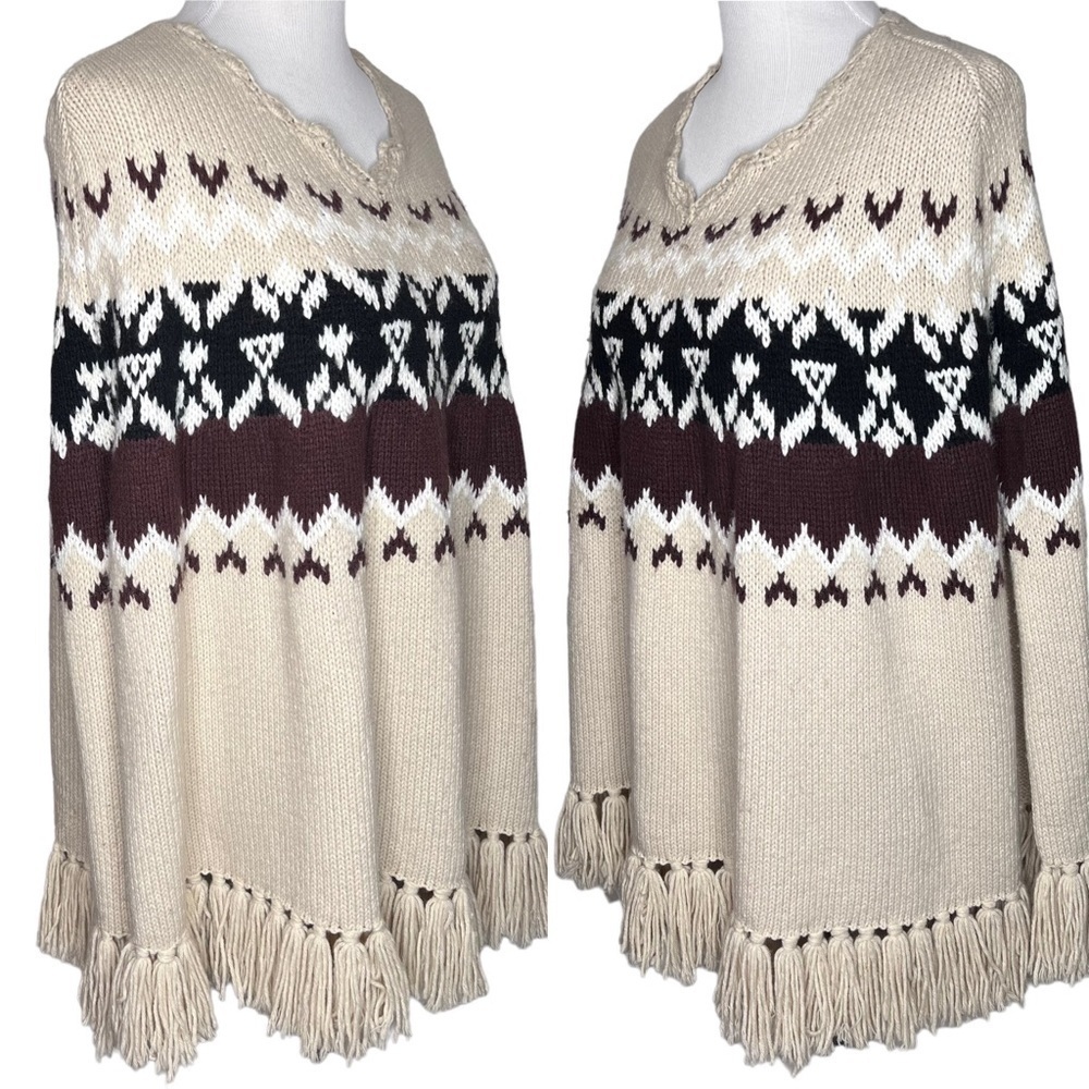 Moda Intl Wool Blend Fair Isle Poncho Shawl Wrap Fringes Size S Beige Black Boho
